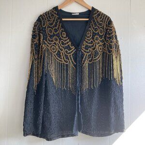 VTG Heavily Beaded Top Silk Evening Jacket Black Gold Fringe India Glam size L